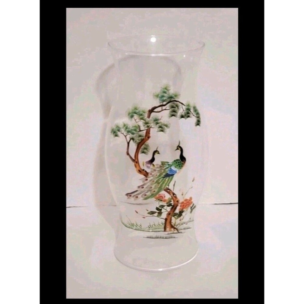 Glass Hurricane Shade L E Smith Asian Hand Painted Peacocks Oriental Garden Vtg